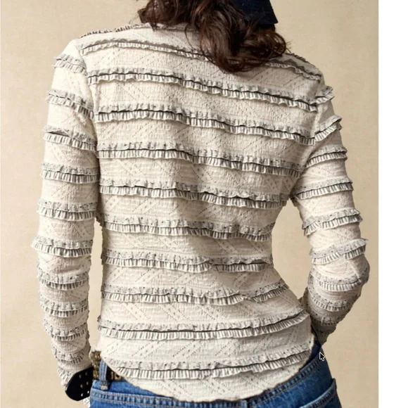 Boho Color Block Lace Button Down Fitted Long Sleeve Top - Picture 3 of 6